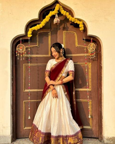 Pongal Special  White Color Cotton Lehenga Choli With Maroon Duppata And Zari Work at Manufacturer Rate 2026 Half Saree Lehenga