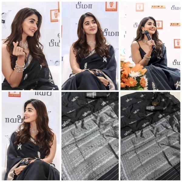 Pooja Hegde Inspired Black Silk Saree with Contrast Blouse and Jacquard Weaving South Indian Saree 