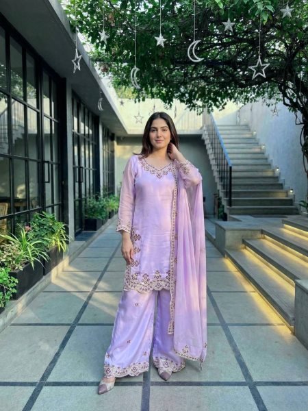 Popula Design In Pastel Lavender Sequence Fancy Cut Work Palazzo Suit With Embroidery Dupatta And Elegant Finish Ready To Wear Suit