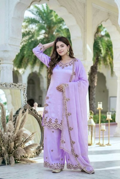Popula Design In Pastel Lavender Sequence Fancy Cut Work Palazzo Suit With Embroidery Dupatta And Elegant Finish Ready To Wear Collection