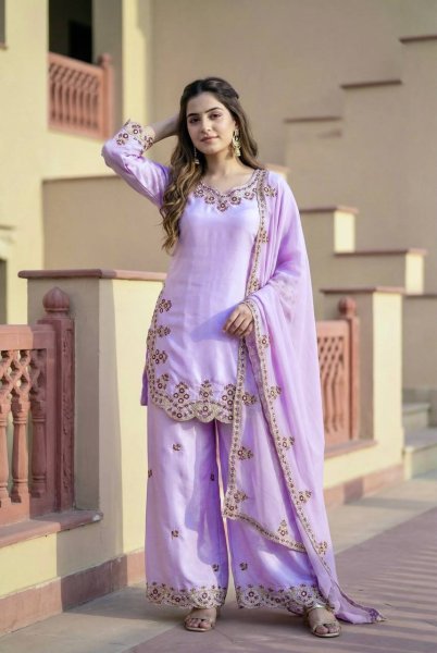 Popula Design In Pastel Lavender Sequence Fancy Cut Work Palazzo Suit With Embroidery Dupatta And Elegant Finish Ready To Wear Collection