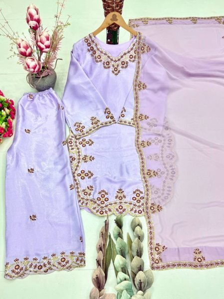 Popula Design In Pastel Lavender Sequence Fancy Cut Work Palazzo Suit With Embroidery Dupatta And Elegant Finish Ready To Wear Collection