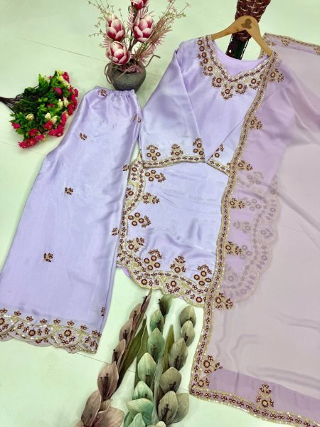 Popula Design In Pastel Lavender Sequence Fancy Cut Work Palazzo Suit With Embroidery Dupatta And Elegant Finish Ready To Wear Collection