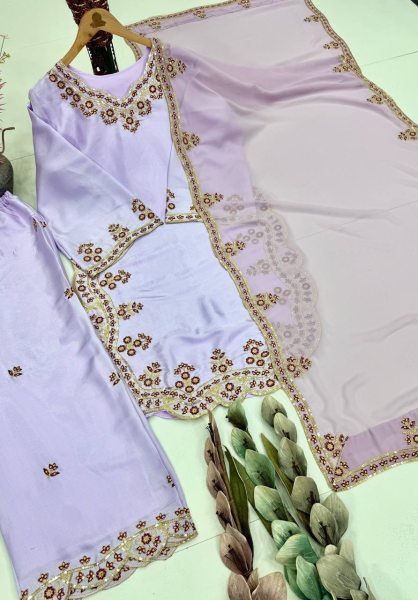 Popula Design In Pastel Lavender Sequence Fancy Cut Work Palazzo Suit With Embroidery Dupatta And Elegant Finish Ready To Wear Collection