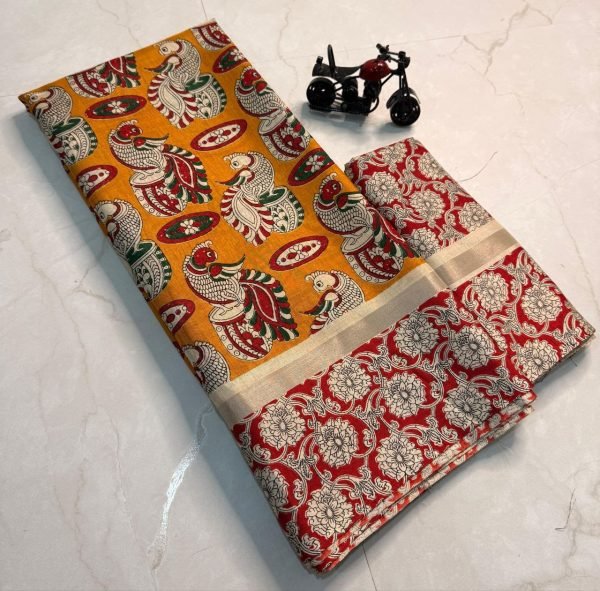 Popular Mulmul Cotton Saree With Peacock Kalamkari Print And Gold Jari Border  Cotton Sarees Wholesale