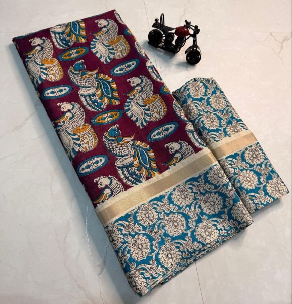 Popular Mulmul Cotton Saree With Peacock Kalamkari Print And Gold Jari Border  Cotton Sarees Wholesale