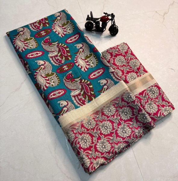 Popular Mulmul Cotton Saree With Peacock Kalamkari Print And Gold Jari Border  Cotton Sarees Wholesale