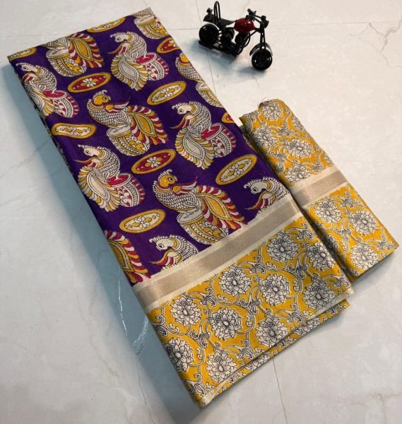 Popular Mulmul Cotton Saree With Peacock Kalamkari Print And Gold Jari Border  Cotton Sarees Wholesale