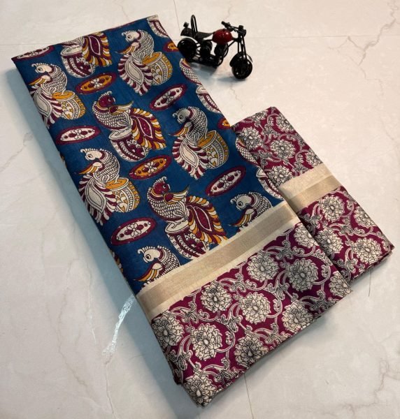 Popular Mulmul Cotton Saree With Peacock Kalamkari Print And Gold Jari Border  Cotton Sarees Wholesale