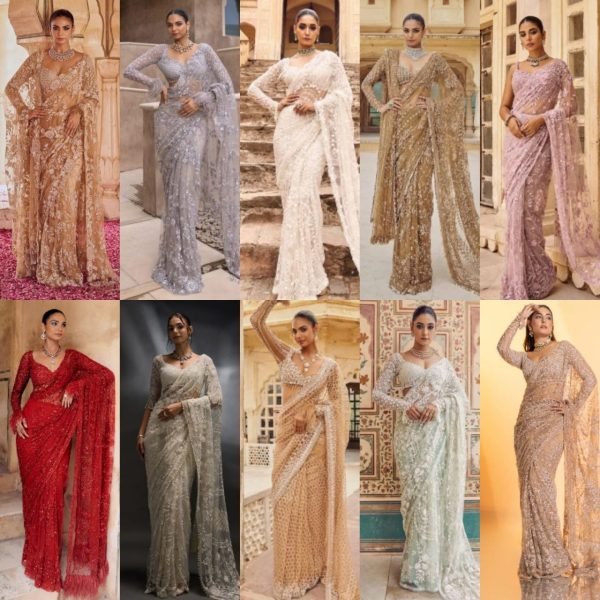Popular Off White Butterfly Net Saree with Heavy Sequins Embroidery work Bollywood Fancy Sarees Wholesale