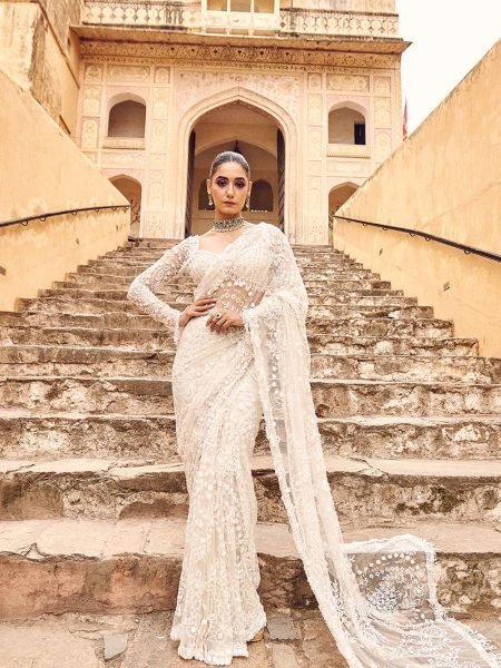Popular Off White Butterfly Net Saree with Heavy Sequins Embroidery work Bollywood Fancy Sarees Wholesale