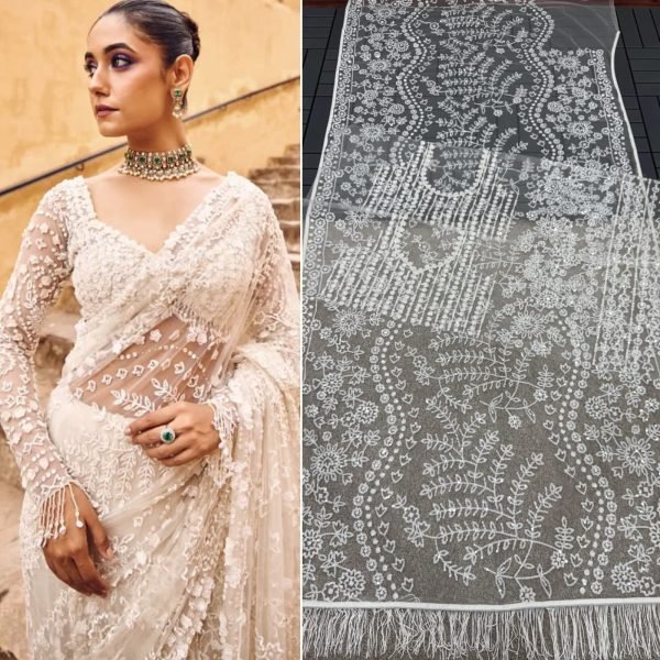 Popular Off White Butterfly Net Saree with Heavy Sequins Embroidery work Bollywood Fancy Sarees Wholesale