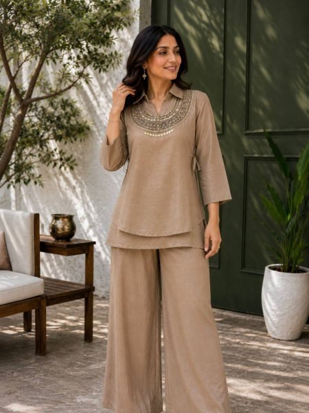 Portable Beige Gold Crush Palazzo Set With Koti Side Dori At Direct Manufacturer Supply 