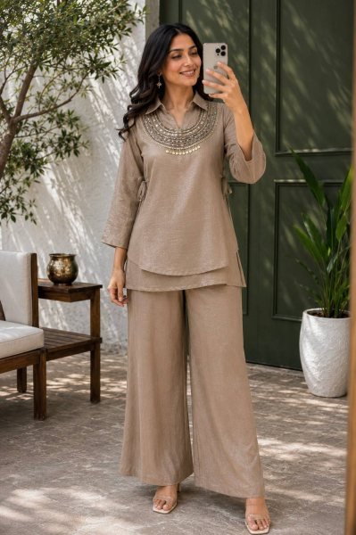 Portable Beige Gold Crush Palazzo Set With Koti Side Dori At Direct Manufacturer Supply Ready To Wear Collection