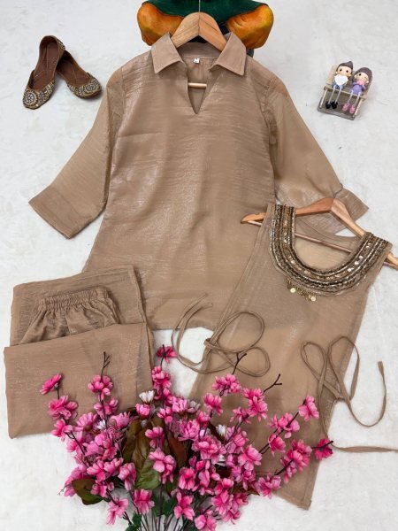 Portable Beige Gold Crush Palazzo Set With Koti Side Dori At Direct Manufacturer Supply Ready To Wear Collection