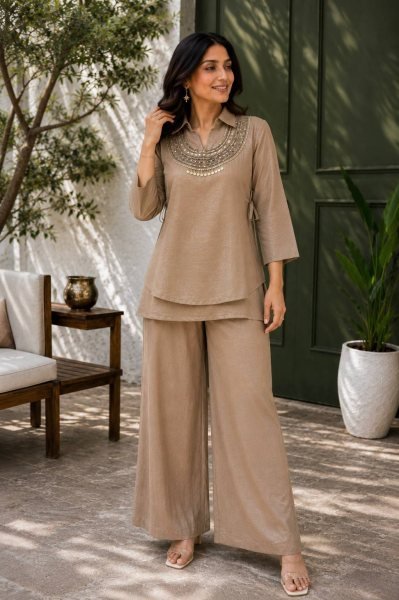 Portable Beige Gold Crush Palazzo Set With Koti Side Dori At Direct Manufacturer Supply Ready To Wear Collection