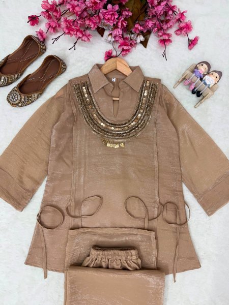 Portable Beige Gold Crush Palazzo Set With Koti Side Dori At Direct Manufacturer Supply Ready To Wear Collection