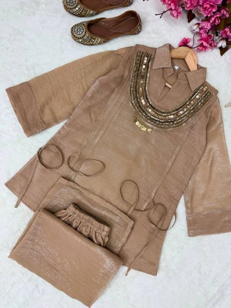 Portable Beige Gold Crush Palazzo Set With Koti Side Dori At Direct Manufacturer Supply Ready To Wear Collection