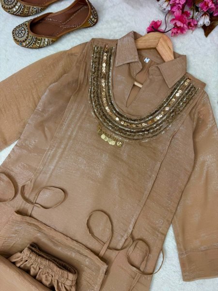 Portable Beige Gold Crush Palazzo Set With Koti Side Dori At Direct Manufacturer Supply Ready To Wear Collection
