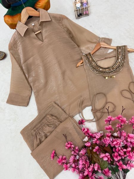 Portable Beige Gold Crush Palazzo Set With Koti Side Dori At Direct Manufacturer Supply Ready To Wear Collection