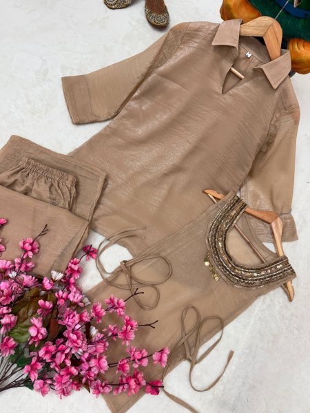 Portable Beige Gold Crush Palazzo Set With Koti Side Dori At Direct Manufacturer Supply Ready To Wear Collection