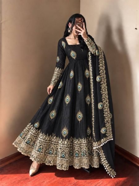 Portable Black Fendy Silk Gown Pant Dupatta Set with Heavy Sequin Embroidery 