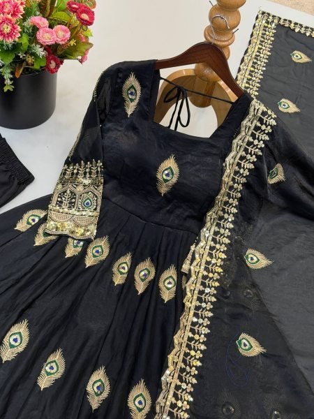 Portable Black Fendy Silk Gown Pant Dupatta Set with Heavy Sequin Embroidery Ready To Wear Collection