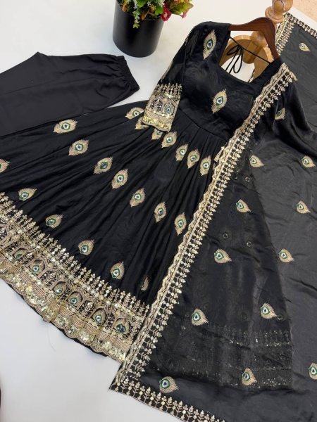 Portable Black Fendy Silk Gown Pant Dupatta Set with Heavy Sequin Embroidery Ready To Wear Collection