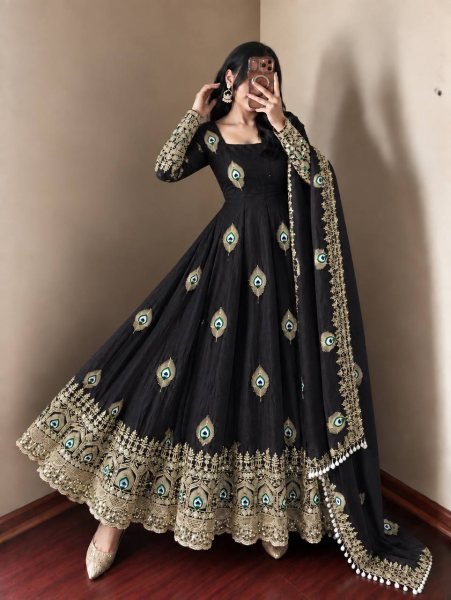 Portable Black Fendy Silk Gown Pant Dupatta Set with Heavy Sequin Embroidery Ready To Wear Collection