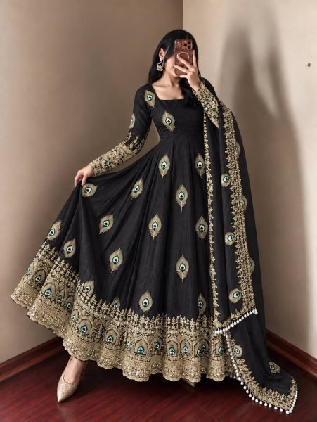 Portable Black Fendy Silk Gown Pant Dupatta Set with Heavy Sequin Embroidery Ready To Wear Collection