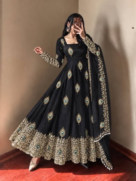 Portable Black Fendy Silk Gown Pant Dupatta Set with Heavy Sequin Embroidery Ready To Wear Collection