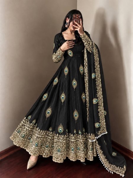 Portable Black Fendy Silk Gown Pant Dupatta Set with Heavy Sequin Embroidery Ready To Wear Collection