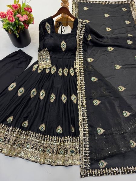 Portable Black Fendy Silk Gown Pant Dupatta Set with Heavy Sequin Embroidery Ready To Wear Collection