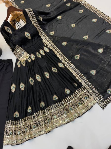 Portable Black Fendy Silk Gown Pant Dupatta Set with Heavy Sequin Embroidery Ready To Wear Collection
