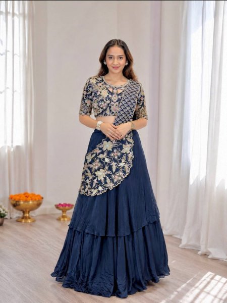 Portable Blue French Crepe Silk Lehenga Choli with 3.5 Meter Flair for Party Wear  Lehenga