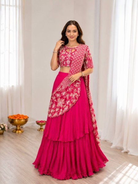 Customizable Pink Lehenga with Attached Pallu and Embroidered Blouse for Ladies  Lehenga