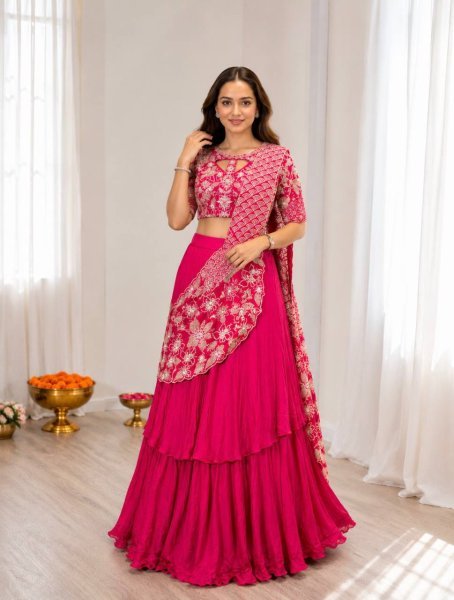 Customizable Pink Lehenga with Attached Pallu and Embroidered Blouse for Ladies Designer Lehenga Choli