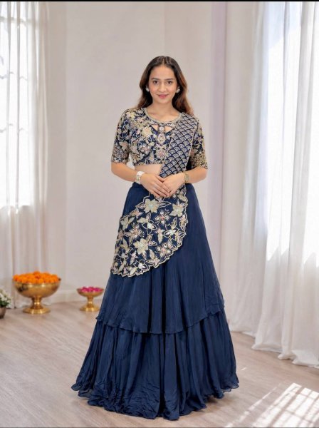 Portable Blue French Crepe Silk Lehenga Choli with 3.5 Meter Flair for Party Wear Designer Lehenga Choli