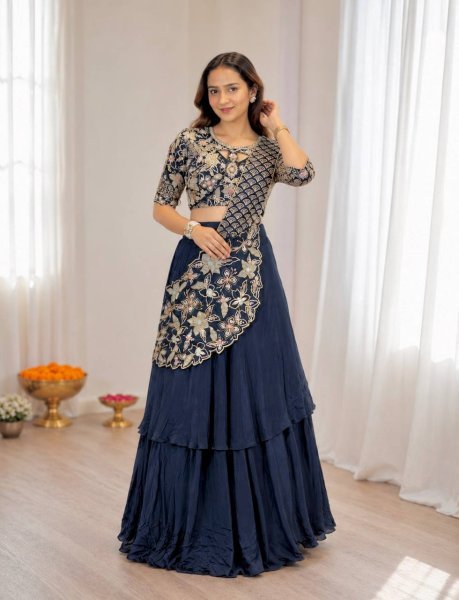 Portable Blue French Crepe Silk Lehenga Choli with 3.5 Meter Flair for Party Wear Designer Lehenga Choli