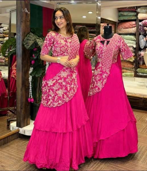 Customizable Pink Lehenga with Attached Pallu and Embroidered Blouse for Ladies Designer Lehenga Choli