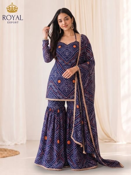 Portable Navy Blue Georgette Digital Bandhani Sharara Set with Gota Patti Lace 