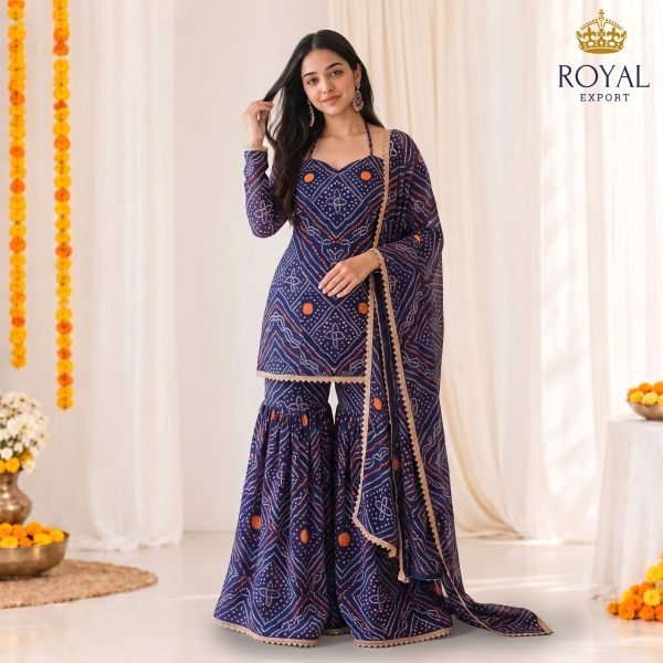 Portable Navy Blue Georgette Digital Bandhani Sharara Set with Gota Patti Lace 3 Piece Kurti Set