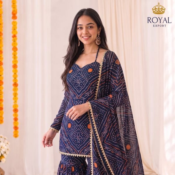 Portable Navy Blue Georgette Digital Bandhani Sharara Set with Gota Patti Lace 3 Piece Kurti Set