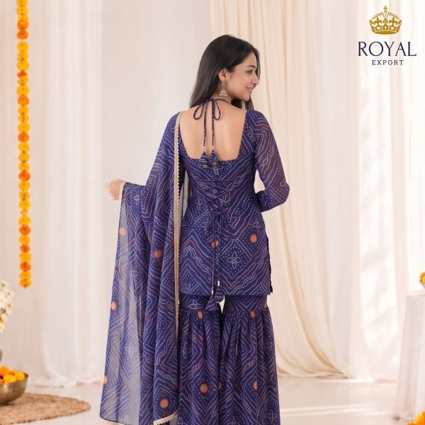 Portable Navy Blue Georgette Digital Bandhani Sharara Set with Gota Patti Lace 3 Piece Kurti Set