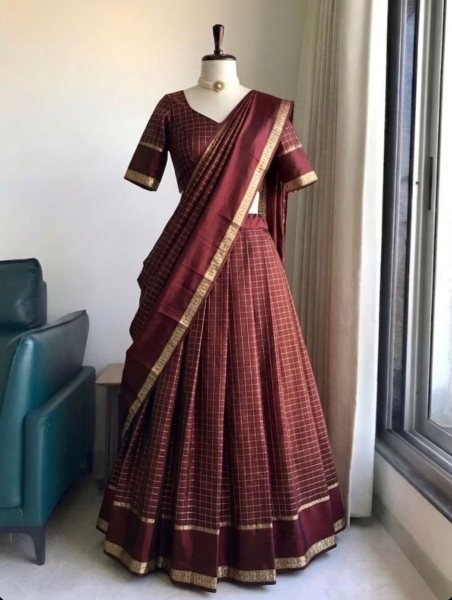Portable Brown Traditional Lehenga Set with Zari Work for Wedding Wear Half Saree Lehenga