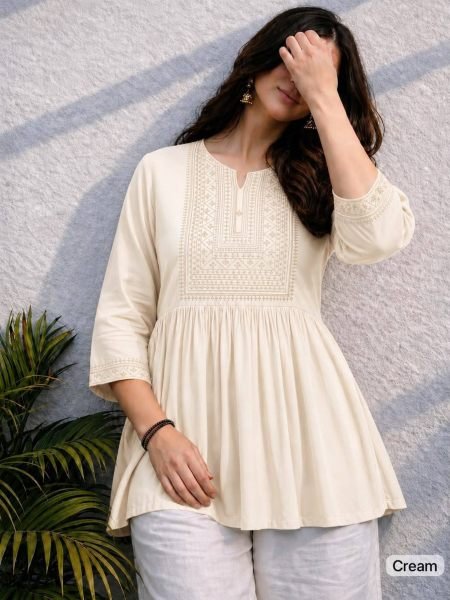 Portable Cream Heavy Rayon Short Tunic with Embroidery and Beads Work at Wholesale Rate Kurtis