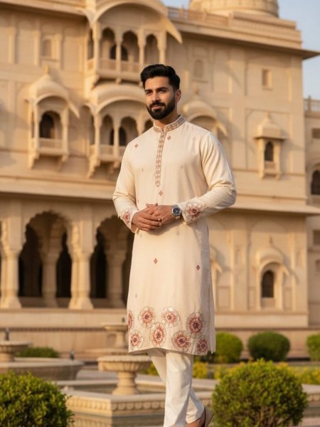 Portable Cream Men's Pure Silk Kurta with Rich Thread Embroidery for Wedding Wear 
