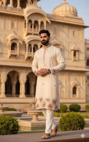 Portable Cream Men's Pure Silk Kurta with Rich Thread Embroidery for Wedding Wear Kurta Pajama Wholesale