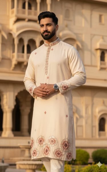 Portable Cream Men's Pure Silk Kurta with Rich Thread Embroidery for Wedding Wear Kurta Pajama Wholesale