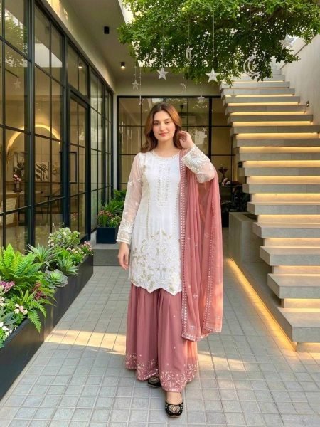 Portable Dusty Pink Embroidered Palazzo Set with Pearl Moti Handwork for Festive Wear Ready To Wear Suit
